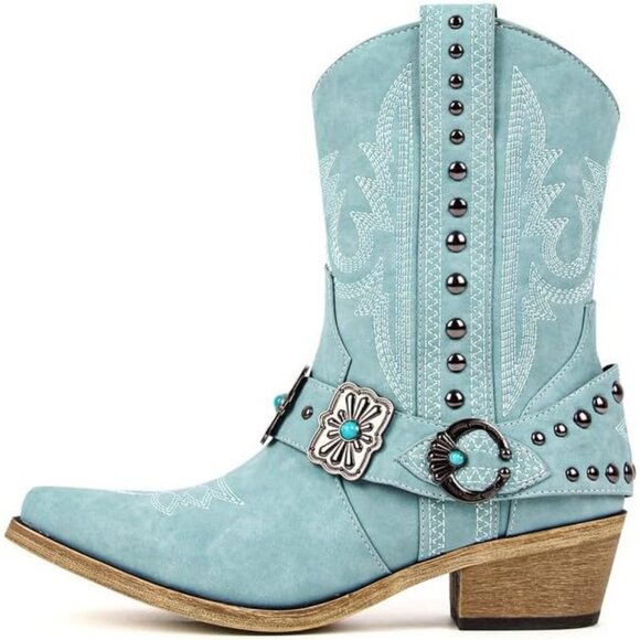 Shoes - Women's Light Green Embroidery Pointed Toe Rodeo Western Ankle High Heel Boot